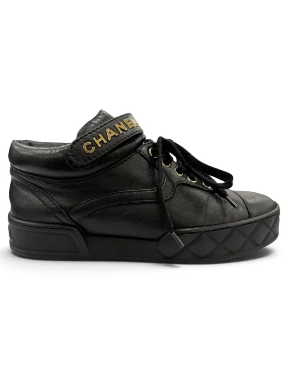 Chanel CC Logo Velcro Lace-up Leather Middle High Top Sneakers Black